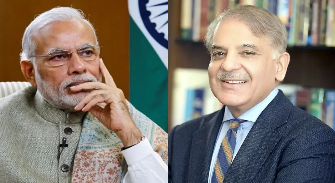 বামে ভারতের প্রধানমন্ত্রী নরেন্দ্র মোদি এবং ডানে পাকিস্তানের প্রধানমন্ত্রী শাহবাজ শরিফ। ছবি: সংগৃহীত