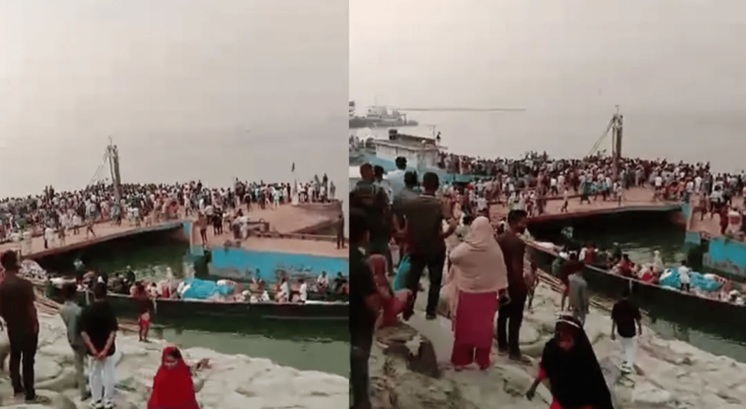 দৌলতদিয়া ঘাটে ফেরিতে ওঠার সময় নদীতে যাত্রীবাহী বাস