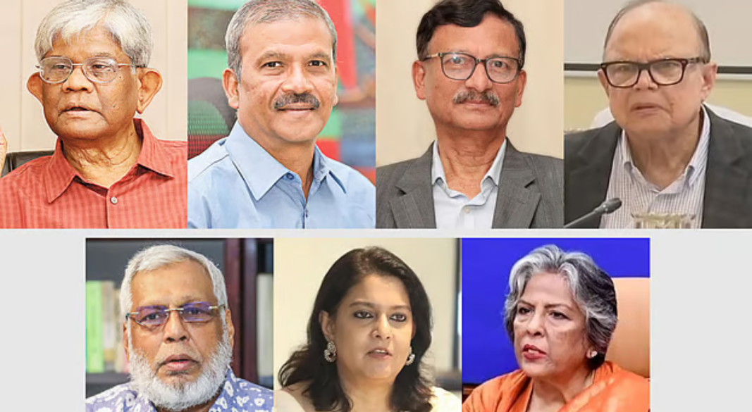 উপরে বাঁ থেকে অর্থ উপদেষ্টা সালেহউদ্দিন আহমেদ, আইন উপদেষ্টা আসিফ নজরুল, পররাষ্ট্র উপদেষ্টা মো. তৌহিদ হোসেন ও খাদ্য ও ভূমি উপদেষ্টা আলী ইমাম মজুমদার; নিচে বাঁ থেকে জ্বালানি উপদেষ্টা মুহাম্মদ ফাওজুল কবির খান, পরিবেশ উপদেষ্টা সৈয়দা রিজওয়ানা হাসান ও সমাজ