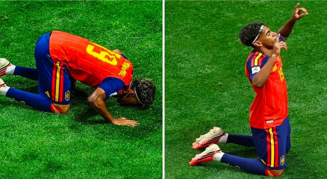 স্প্যানিশ জাতীয় দলের জার্সি গায়ে মাঠে সাফল্য উদযাপনের সময় তরুণ ফুটবল তারকা লামিনে ইয়ামাল। ছবি: সংগৃহীত