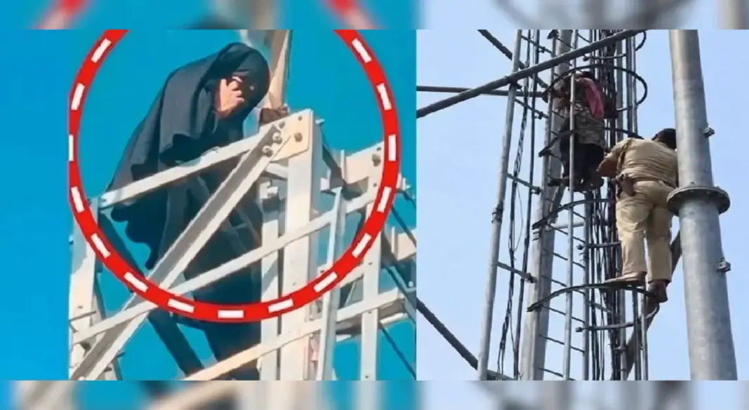 প্রেমিককে বিয়ের দাবিতে ভারতের উত্তর প্রদেশের বাহরাইচে ১০০ ফুট উঁচু মোবাইল টাওয়ারে ওঠেন এক তরুণী। ছবি: সংগৃহীত