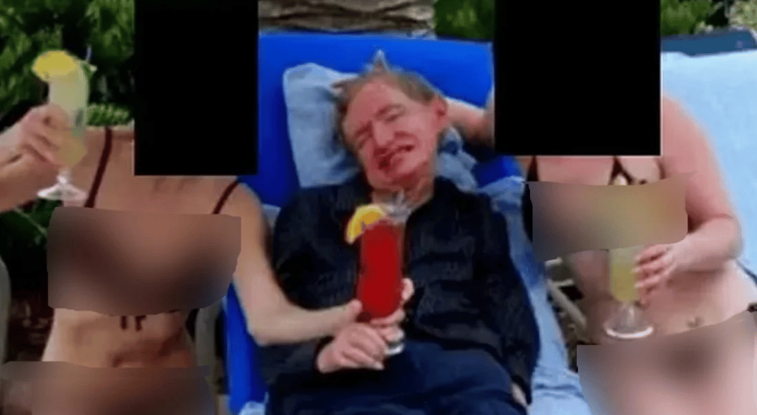 বিকিনি পরা দুই নারীর সঙ্গে স্টিফেন হকিং। ছবি সংগৃহীত