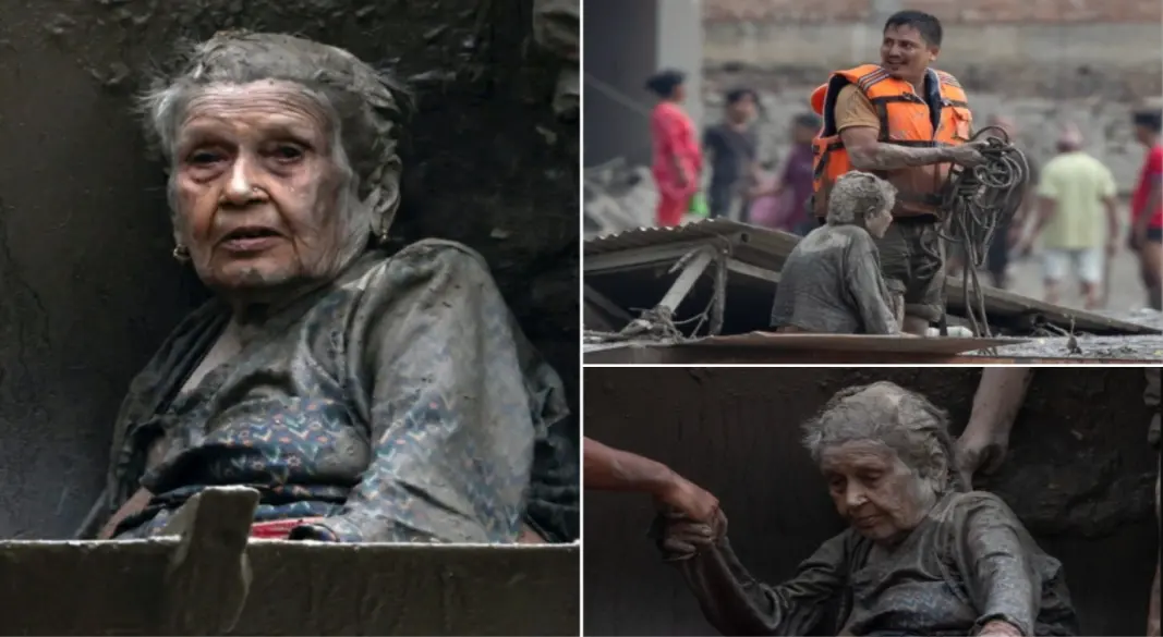 নেপালে ধসে পড়া বাড়ির ধ্বংসস্তূপের নিচে চাপা পড়েছিলেন ১০৫ বছর বয়সী ওই বৃদ্ধা। ছবি: সংগৃহীত