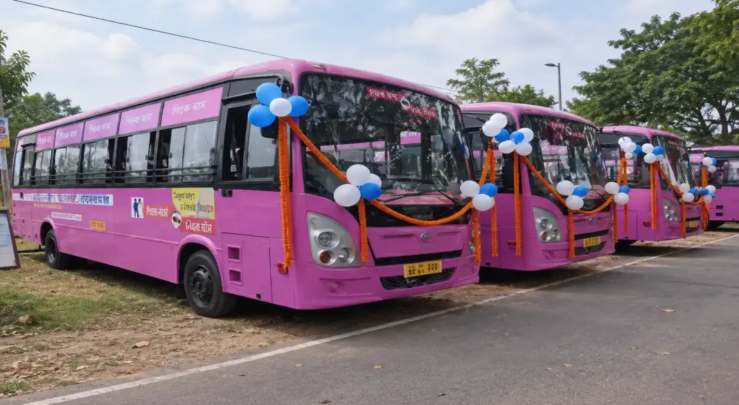 নারীদের জন্য চালু করা পিংক বাস সার্ভিসের বহরে থাকা বাসগুলো