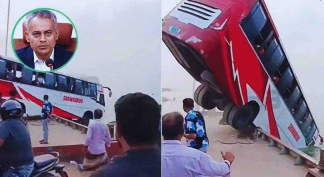 রাজবাড়ীর দৌলতদিয়া ঘাটে বাস দুর্ঘটনা, ইনসেটে নৌমন্ত্রী । ছবি: সংগৃহীত