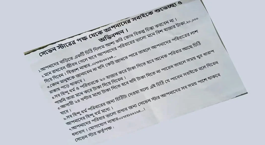 রাতের আঁধারে পাঁচটি হিন্দু পরিবারের বাড়িতে আলাদাভাবে হুমকির চিঠি রেখে গেছে দুর্বৃত্তরা। ছবি: সংগৃহীত