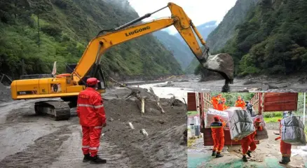 নেপাল ও চীনের সীমান্তে হিমবাহ ধসে তৈরি ধ্বংসাবশেষ সরানোর কাজ চলছে। ছবি: সংগৃহীত
