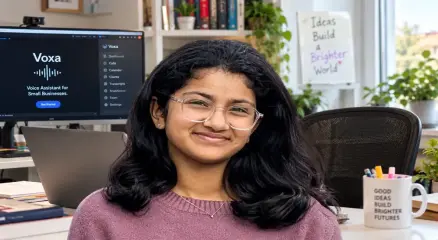 কানাডার ব্রিটিশ কলাম্বিয়ায় বসবাসকারী ১২ বছরের উদ্ভাবক মানা জামপালা, যে তৈরি করেছে ভার্চুয়াল রিসেপশনিস্ট ‘ভক্সা’। ছবি: সংগৃহীত