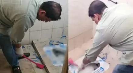 কালকিনি উপজেলা স্বাস্থ্য কমপ্লেক্সের অপরিচ্ছন্ন টয়লেট নিজ হাতে পরিষ্কার করেন সংসদ সদস্য আনিছুর রহমান তালুকদার খোকন। ছবি: সংগৃহীত