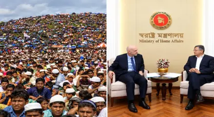 স্বরাষ্ট্র মন্ত্রণালয়ে জাতিসংঘের মিয়ানমারবিষয়ক স্বাধীন তদন্ত প্রক্রিয়ার প্রধান নিকোলাস কৌমুজিয়ানের সঙ্গে বৈঠক করছেন স্বরাষ্ট্রমন্ত্রী সালাহউদ্দিন আহমদ। ছবি: সংগৃহীত