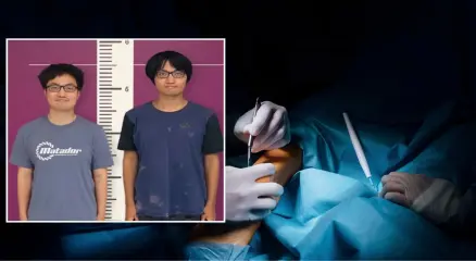 উচ্চতা বাড়ানোর জন্য দেড় লাখ ডলার খরচ করে ছেলের পাশে দাঁড়িয়েছেন বাবা। গ্রাফিক্স: আমেরিকা বাংলা